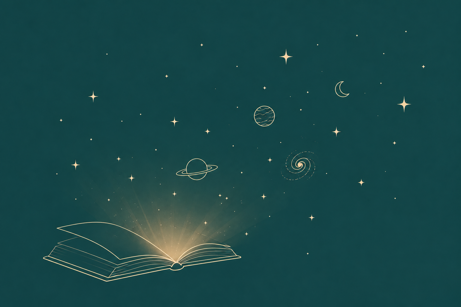 An open book glowing with light, with planets, a moon, a spiral galaxy, and stars rising from its pages.
