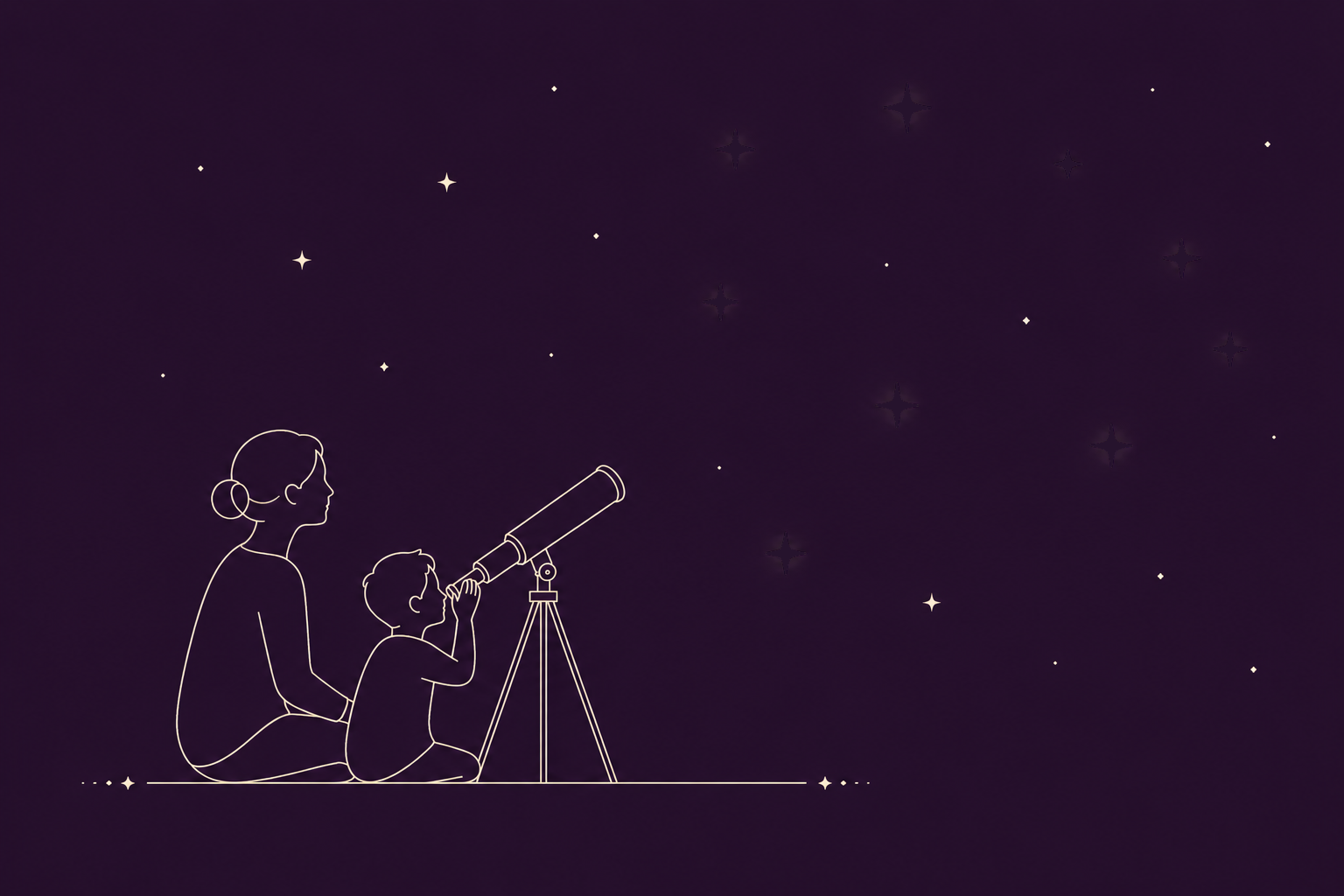 A parent and child sitting together looking through a telescope at a starry night sky.