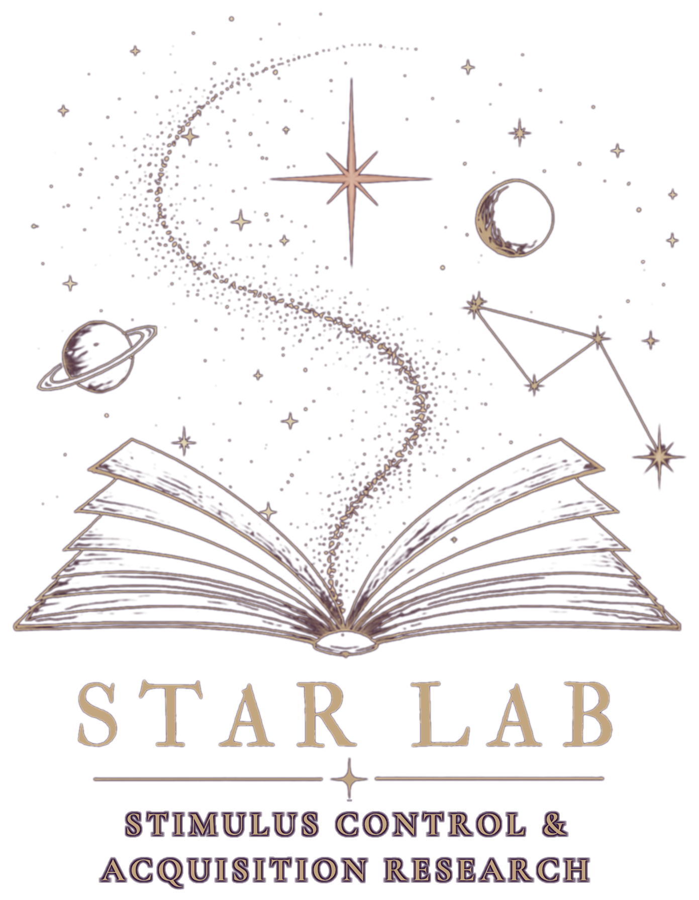 STAR Lab — Stimulus Control & Acquisition Research. An open book beneath a night sky of stars, a moon, Saturn, and a constellation.
